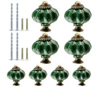 Suiwotin 8pcs Dark Green Ceramic Pumpkin Cabinet Knobs, Retro Style Decorative Drawer Pulls for Furniture, Cupboard, Closet, Vanity