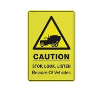 SUJN ART Caution Stop Look Listen Beware Of Vehicles Sign 12X8 Inches Metal Aluminum Signs, Weather Resistant, Weatherproof, Indoor Or Outdoor