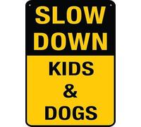 SUJN ART Slow Down Kids Dogs Sign Outdoor Metal Sign - 12 X 8 Metal Signs For Business, Workplace, Office, Home, Delivery Signs, Road Signs, Garden Signs
