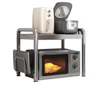 SUJOSAJU Adjustable Microwave Oven Shelf with 6 Removable Hooks, 2 Tier Kitchen Countertop Rack for Grill Pans& Cutting Boards