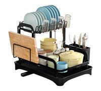 SUJOSAJU Innovative 2-Tier Dish Rack with Utensil Organizer & Drainboard, Complete Kitchen Counter Solution with Dedicated Cup Holder & Cutting Board Storage - Compact Water Catcher Design
