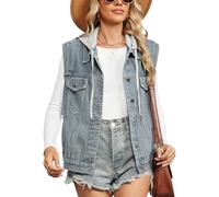 Sukany Women's Casual Denim Jean Vest Oversized Sleeveless Waistcoat Loose Button Down Jacket Blue Hooded M