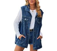 Sukany Women's Casual Oversized Denim Vest Button Down Sleeveless Gilets Vintage Waistcoat Jean Jackets Dark Blue M