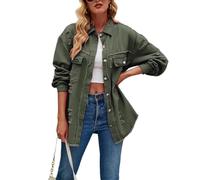Sukany Women's Loose Vintage Distressed Denim Jacket Casual Button Down Lapel Long Sleeved Retro Denim Jean Shirt Coat Army Green XL