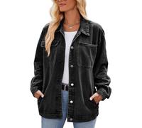 Sukany Women's Retro Casual Denim Jacket Oversized Button Up Long Sleeve Loose Lapel Washed Denim Shacket Coat Black M