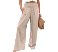 Sukany Women's Summer Boho Smocked High Waisted Cotton Linen Wide Leg Pants Long Lounge Palazzo Pant Trousers with Pockets Apricot S
