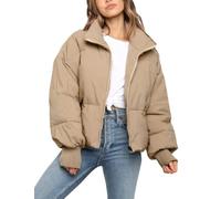 Sukany Women's Winter Casual Padded Full Zip Stand Collar Long Sleeve Puffer Jackets Coat Short Down Warm Quilted Jacket Khaki L