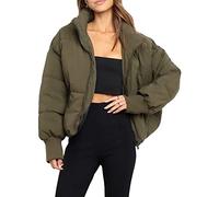 Sukany Women's Winter Casual Padded Full Zip Stand Collar Long Sleeve Puffer Jackets Coat Short Down Warm Quilted Jacket Army Green M