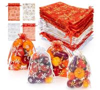 Sukh 100 Christmas Organza Bags 10x15cm - White Red Snowflake Clear Mesh Bags Drawstring Gift Favour Lavender Sweet Empty Bracelet Jewellery Gift Pouches Soap Packaging Eve Halloween Birthday Wedding