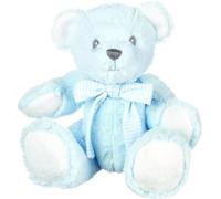 Suki Baby Hug-a-Boo Super Soft Plush Bear with Rattle in Tummy and Striped Cotton Bow (Small, Blue)