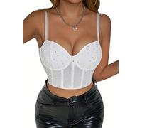 Sukiglam Crop Tops for Women Sparkly Lace Corset Top Basic Sleeveless Cami Bustier Adjustable Spaghetti Strap Vests Summer Slim Fit Going Out Camisole Sexy Backless Mesh Rave Outfits Clubwear White