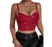 Sukiglam Crop Tops For Women Sparkly Lace Corset Top Basic Sleeveless Cami Bustier Adjustable Spaghetti Strap Vests Summer Slim Fit Going Out Camisole Sexy Backless Mesh Rave Outfits Clubwear
