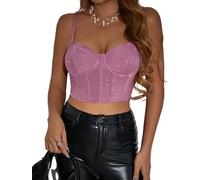 Sukiglam Crop Tops for Women Sparkly Lace Corset Top Basic Sleeveless Cami Bustier Adjustable Spaghetti Strap Vests Summer Slim Fit Going Out Camisole Sexy Backless Mesh Rave Outfits Clubwear Purple