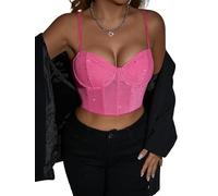 Sukiglam Crop Tops For Women Sparkly Lace Corset Top Basic Sleeveless Cami Bustier Adjustable Spaghetti Strap Vests Summer Slim Fit Going Out Camisole Sexy Backless Mesh Rave Outfits Clubwear