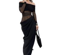 Sukiglam Women Off Shoulder Maxi Dress Elegant Long Sleeve Dresses Sexy Sheer Mesh Top Cutout Drape Front Gown Ladies Cocktail Prom Evening Party Dress Casual Ruched Bodycon Going Out Dresses Black