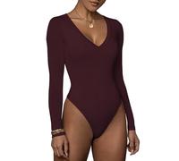 Sukiglam Women's Bodysuits Deep V Neck Long Sleeve Thong Bodysuit Tops Ladies Basic Leotards Top Sexy Slim Fit Body Suits T Shirt Stretchy Elegant Blouse Casual Going Out Tops