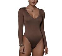 Sukiglam Women's Bodysuits Deep V Neck Long Sleeve Thong Bodysuit Tops Ladies Basic Leotards Top Sexy Slim Fit Body Suits T Shirt Stretchy Elegant Blouse Casual Going Out Tops