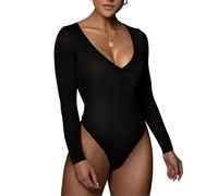 Sukiglam Women's Bodysuits Deep V Neck Long Sleeve Thong Bodysuit Tops Ladies Basic Leotards Top Sexy Slim Fit Body Suits T Shirt Stretchy Elegant Blouse Casual Going Out Tops