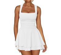 Sukiglam Women's Mini Dress Sexy Sleeveless Square Neck Double Layers Ruffle Short Dresses High Waist Slim Fit Swing Going Out Dress Summer Elegant A Line Flare Dresses for Club Party Cocktail White