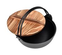 Sukiyaki Pot Cast Iron, 9.8 Inch with Wooden Lid, Nonstick Uniform Heating - Durable Sturdy Construction, Ideal for Home and Restaurant Use