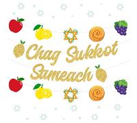 Sukkot Decorations Happy Sukkot Banner - Gold Glittery Chag Sukkot Sameach Banner, Sukkot Garland for Sukkah Jewish Holiday Decorations