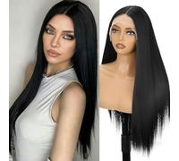 SUKRI 13*4*1cm Synthetic Lace Front Wig for Women Medium Length Straight Front Wig with Pre Drawn T Part for Daily Use Black