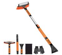 Sukudon 3 in 1 Extendable ice scraper for car windscreen non scratch,42" Removable Snow Removal Tool Brush with Squeegee,Foam Grip,270° Pivoting Brush Head snow scraper for Cars,Trucks and SUV(Orange)