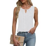 Sukuglam Womens Vest Tops Summer Elegant Sleeveless Keyhole Neckline Tank Top Ladies Casual Eyelet Embroidery Going Out Tops Soft Loose Fit Boho Camisole Shirts Blouses White