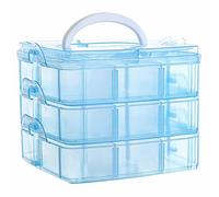 SUL 3 Tier Transparent Stackable Storage Box with 18 Compartments, Craft and Storage Box with Carry Handle, Container for Jewellery, Organising Toys, Arts & Crafts, Tools (Blue)