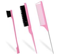 Sularpek 3 Pcs Slick Brush Set, Plastic Bristle Hair Brush Teasing Comb Edge Hair Brush Teasing Brush Set, Rat Tail Comb Double Sided Edge Brush, for Hairdresser Women Baby Children (Pink)
