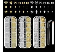 Sularpek 3D Nail Charms, Sularpek 3 Boxes Gold Silver Nail Gems Rhinestones with Tweezers, Assorted Bows Stars Pearls Nail Art Charms for Women Girls DIY Manicure Accessories
