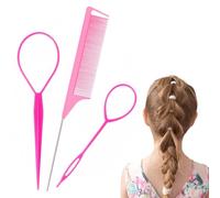 Sularpek 3pcs Topsy Tail Hair Tool, Pink Hair Looping Tool with Rat Tail Comb, Hair Pull Through Tool, Tail French Braid Loop Tool, Hair Braiding Tool for Making Women and Girls Hair Style