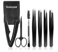 Sularpek 7 Pcs Eyebrow Tweezers Kit for Women, Stainless Steel Precision Set with Brow Scissors, Razor, Spoolie, for Facial Hair, Chin, Brow, Ingrown Hair, with Leather Case,Black