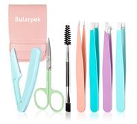 Sularpek 7 Pcs Eyebrow Tweezers Kit for Women, Stainless Steel Precision Set with Brow Scissors, Razor, Spoolie, for Facial Hair, Chin, Brow, Ingrown Hair, with Leather Case