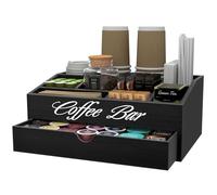 Suli 2-Tier Coffee Station Organizer with Drawer, Extra Large Wooden Countertop Pod Holder, 11 Compartments Storage for Condiment Syrup Tea Bags, Rustic Bar Decor for Home Kitchen, Black