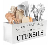 Suli Extra Large Kitchen Utensils Holder with 4 Compartments, Wooden Utensil Organizer for Countertop, Farmhouse Kitchen Decor, Rustic Cooking Utensil - White