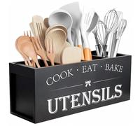 Suli Upgrade Extra Large Kitchen Utensils Holder with 4 Compartments, Wooden Utensil Organizer for Kitchen Countertop, Farmhouse Decor, Rustic Cooking Utensil - Black