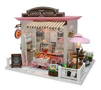 SULIFEVIP 1:24 Scale Chocolatier Dollhouse DIY Miniature Wooden Furniture Kit, Mini Handmade Dolls House with LED, Music Box, Tools, Creative Woodcrafts Toy House for Adult Friend Lover Birthday