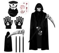 SULOI Grim Reaper Costume Set,Halloween Capes Cosplay Fancy Dress Costume for Kids,Includes Robe & Death Scythe & Mask & Gloves 3-6