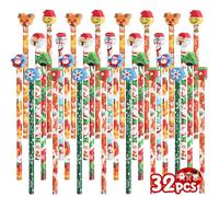 SULOLI 32PCS Christmas Pencils with Eraser Toppers Xmas Novelty Rubbers Stocking Fillers Christmas Eve Box Fillers Party Favours Kids Stationery for Boys and Girls
