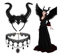 SULOLI Black Horns Headband,Halloween Headbands for Women Maleficent Horns Halloween Witch Accessories Women Witch Headband Adult with Necklace