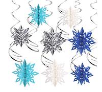SULOLI Christmas Snowflake Hanging Swirls Decoration, 26 Pieces 3D Snowflake Silver Blue White with Ceiling Swirls for Christmas Decorations