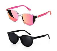 Sumato Round Cat Eye Sunglasses for Women Trendy Women Sunglasses Classic Vintage Designer Style UV400 Protection Mirrored Lens Pink Black Girls Men 2 Pack