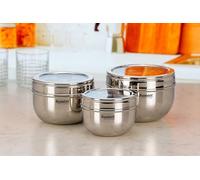 Sumeet Stainless Steel Apple Shape Storage Containers for kitchen with Transparent See Through Lid, 11cm, 13cm & 14.5cm Dia, 600ml, 900ml & 1250ml, Pack of 3, Silver