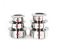 Sumeet Stainless Steel Belly Shape 6 Pc Tope/Cookware/Pot Set with Lid 380ML, 500ML, 780ML, 1.1Ltr, 1.4Ltr, 1.75Ltr (Silver)