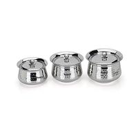 Sumeet Stainless Steel Handcrafted Hammered Texture Handi Set with Lid for Kitchen, Set of 3, 950ml, 1300ml & 1700ml, Silver