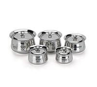 Sumeet Stainless Steel Handcrafted Hammered Texture Handi Set with Lid for Kitchen, Set of 5, 460ml, 650ml, 950ml, 1300ml & 1700ml, Silver