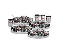 Sumeet Stainless Steel Handcrafted Hammered Texture Heavy Gauge Mirror Finish Royal Dinner set of 24 Pcs (4 Plate, 4 Small Halwa Plate, 4 Big Bowl/Wati, 4 Small Bowl/Wati 4 Glass, 4Spoon)