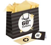 Sumerk 11 Inch Happy 60th Birthday Gift Bag Set, Striped Black & Gold Themed Gift Bag with Tissue Paper, Greeting Card, Envelope & Star Stickers, 60th Birthday Wrapping Supplies