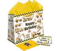 Sumerk 13" Construction Vehicle Birthday Gift Bag with Tissue Papers and Greeting Card, Envelope and Stickers - Truck Vehicles Wrapping Bag for Birthday